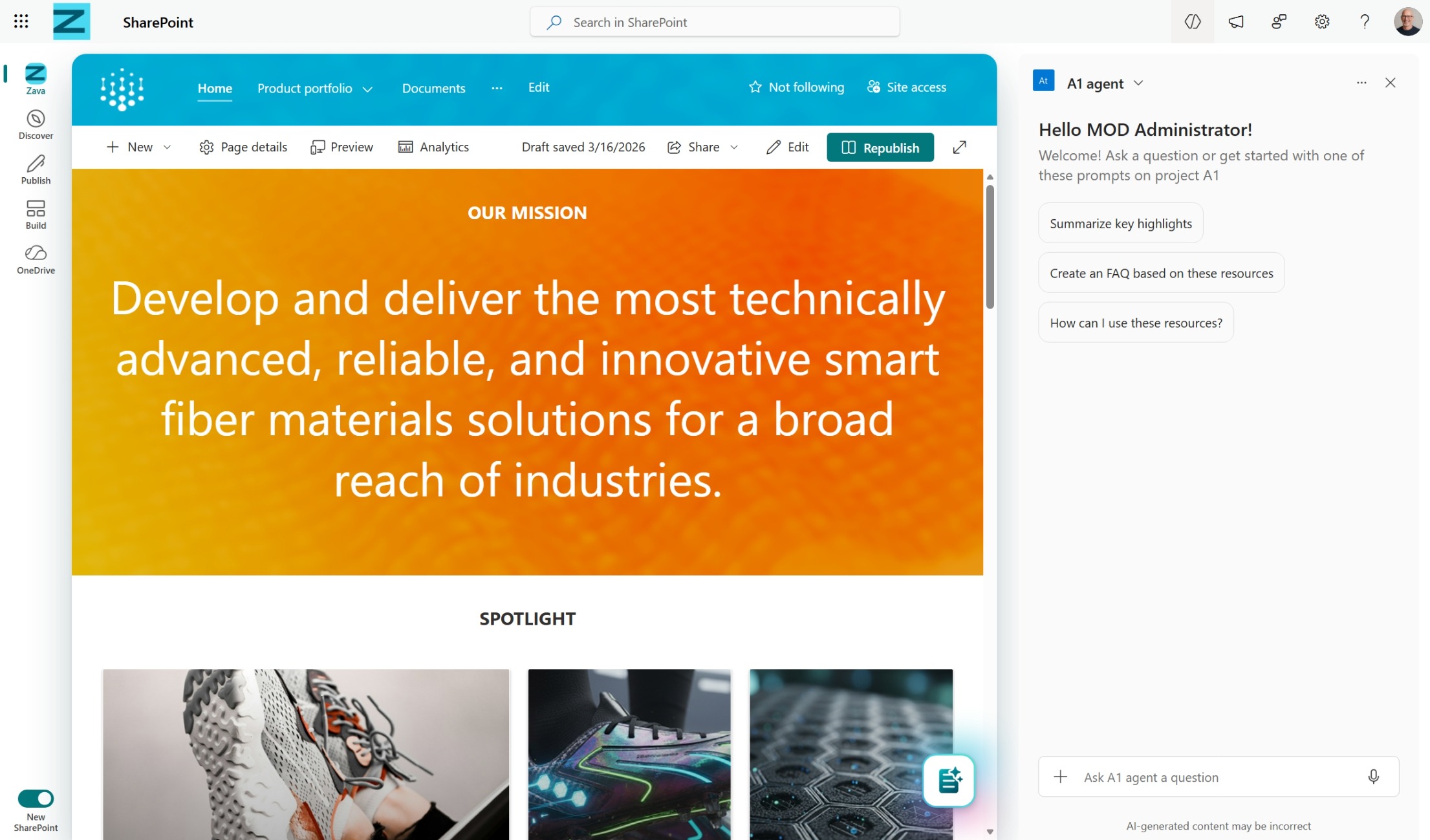 Screenshot showing the side pane to interact with agents on a SharePoint site