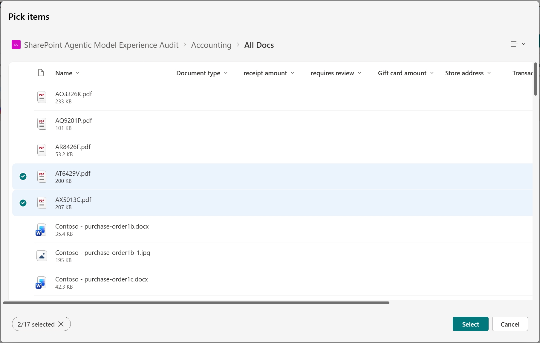 Screenshot of the source picker to select content within a SharePoint site.