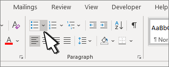 The bullets down arrow highlighted in the Paragraph group.