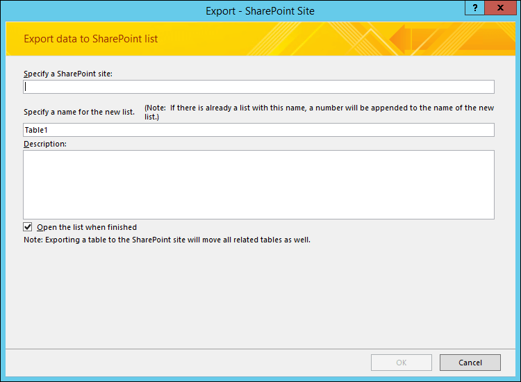 Specify a SharePoint site to export your Access table or query.
