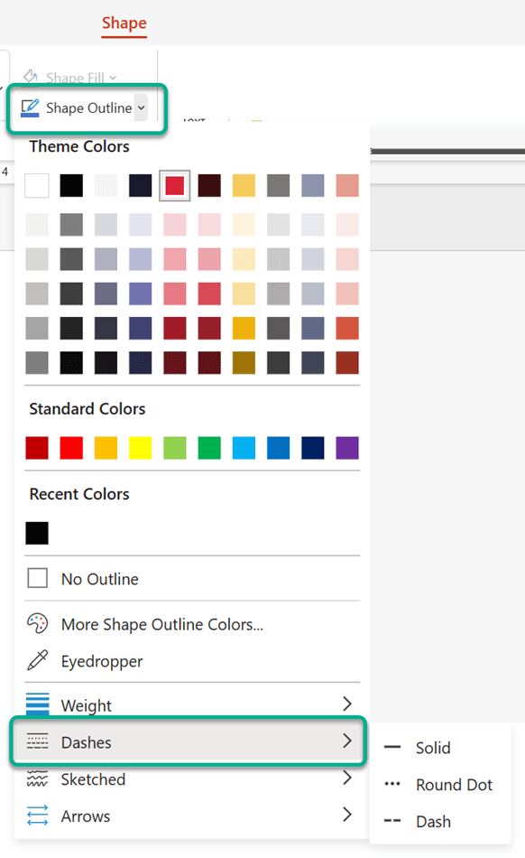 On the Shape tab, under Shape Outline, you can change a solid line to dashed or dotted.