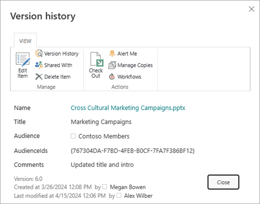Version history dialog for a given file.