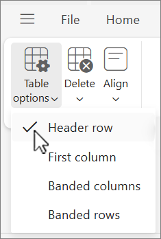 The Table options menu showing the Header row option selected in Outlook on the web.