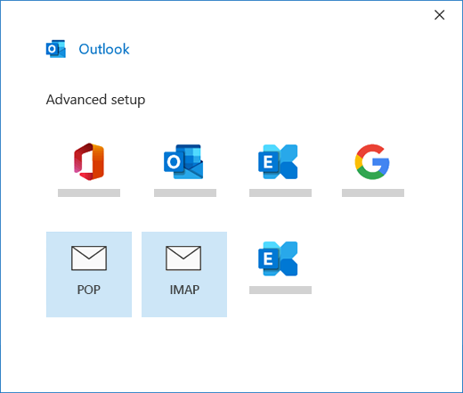 Selecting your account type when manually setting up a mail account in Outlook