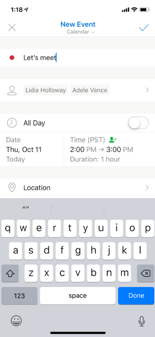 Shows an email on a mobile screen. The invitees are listed, along with the meeting day and time. There's an option for location also.