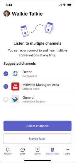 Walkie Talkie screen, showing suggested channels and Select channels button.