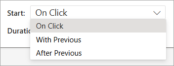 The Start drop-down selector when applying an animation in PowerPoint for the web.