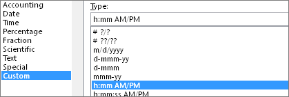 Format cells dialog box, Custom command, h:mm AM/PM type