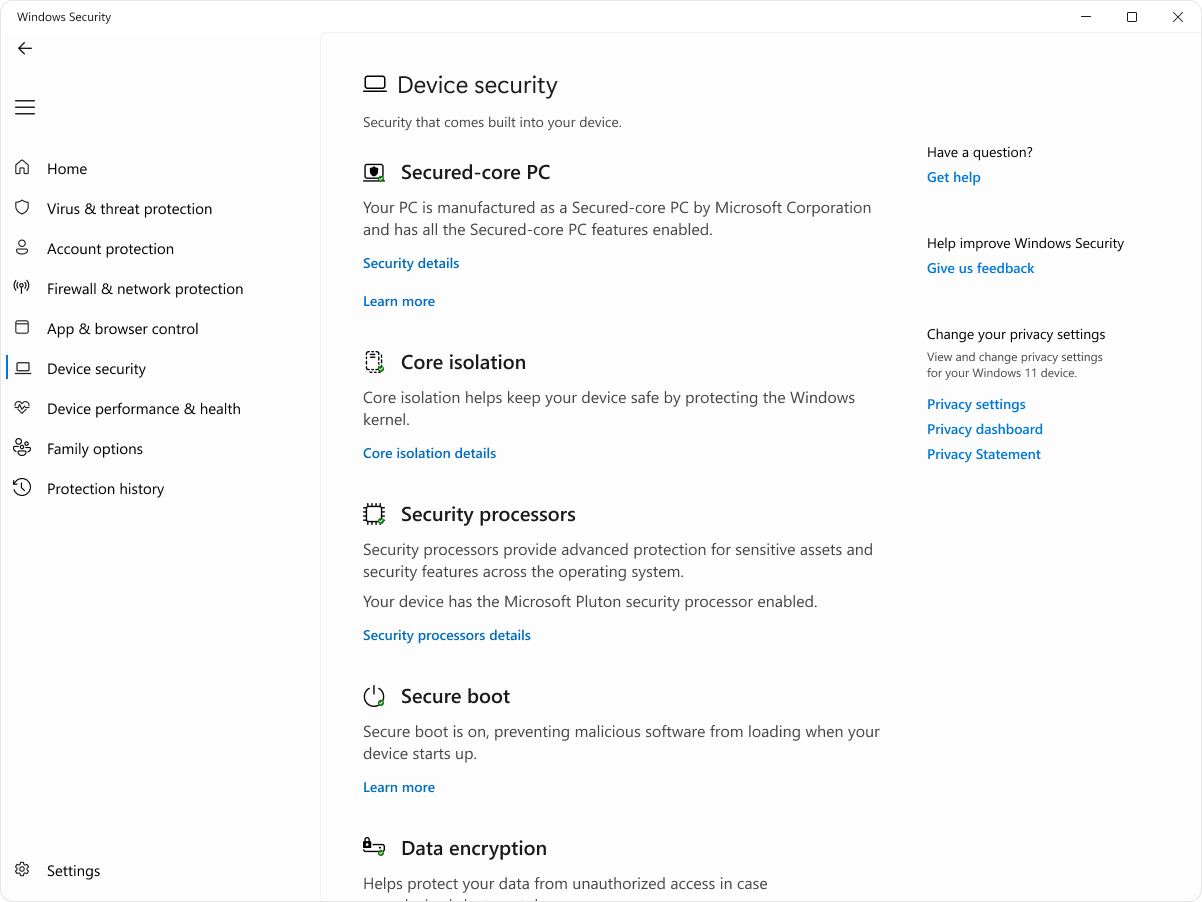 Screenshot of the device security screen in the Windows Security app.