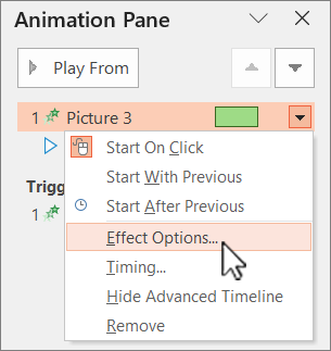PowerPoint Animation pane right click menu effects options.