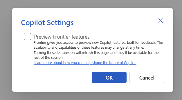 Screenshot showing Copilot Frontier preview opt-in dialog
