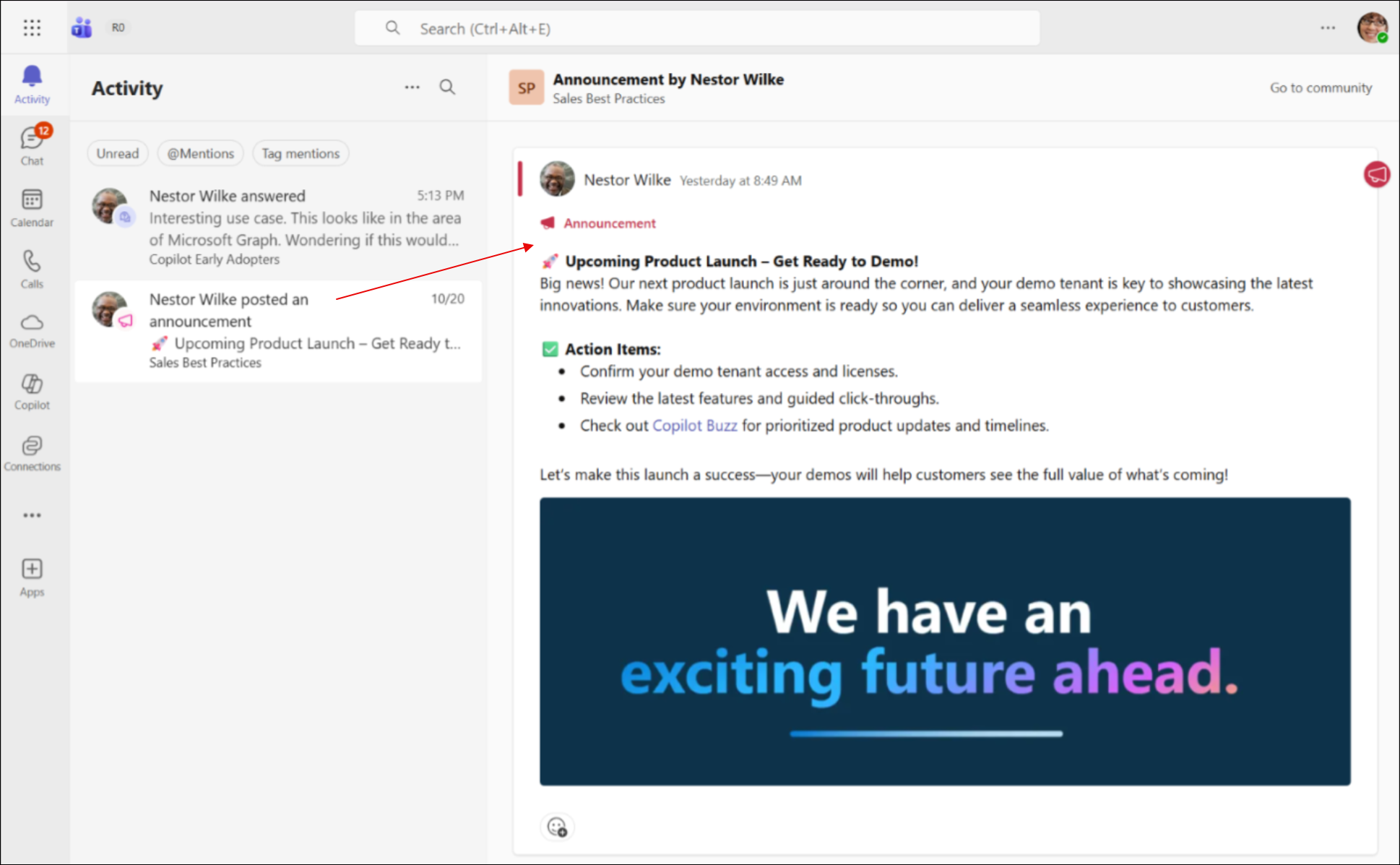Screenshot of selecting an Engage item in the Teams activity feed