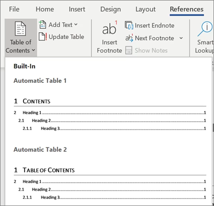 Table of Contents in Word