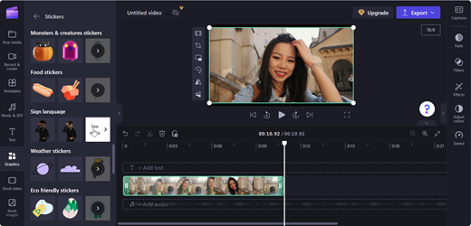 A screenshot of a Clipchamp editor's page showing 'See more' option in Sign language sticker group