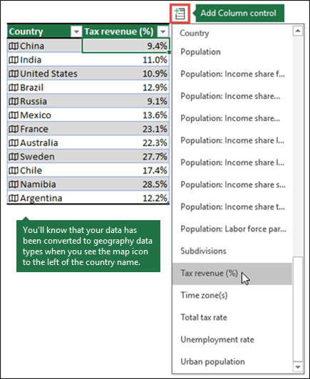 Add a column to a geography data type by selecting a property from the Add Column button.