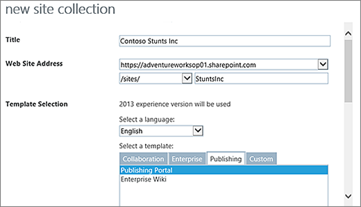 New Site collection dialog top half with Publishing Portal highlighted