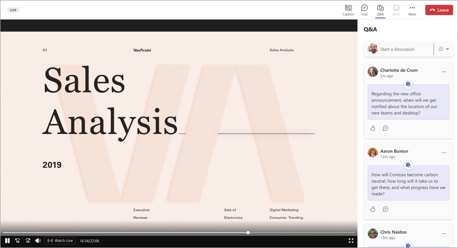 Screenshot of town hall attendee view showing presenters and Q&A