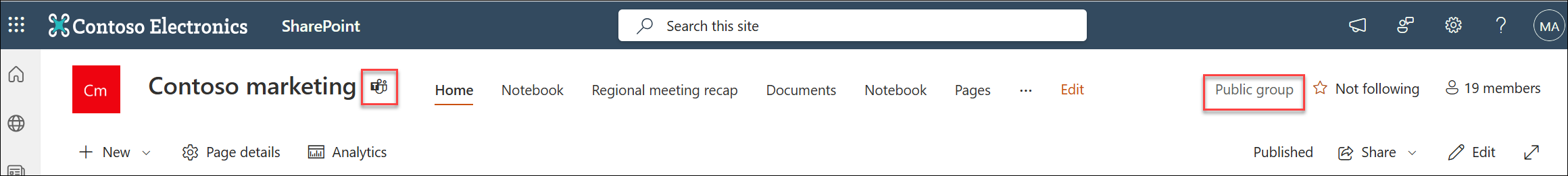 Screenshot of teams channel for Team site