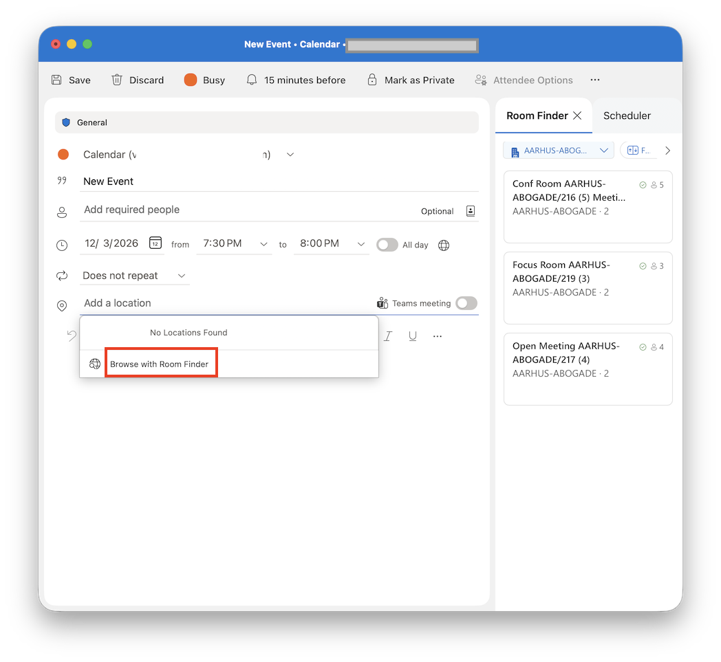 Browse with Room Finder in Outlook for Mac