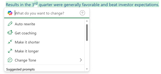 Some text in an email message selected, and the Copilot menu expanded to show options for what you can do with that text.