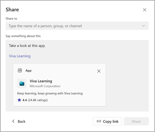 Screenshot showing app sharing window with a field for sharing to a person, group, or channel, and the option to copy the app link.