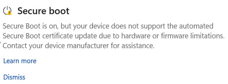 The Secure Boot section showing the “Not yet updated” status with a yellow warning icon.