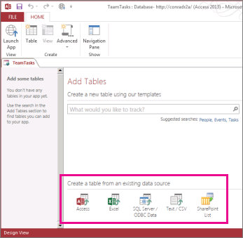 Existing data source options on the Add Tables page.