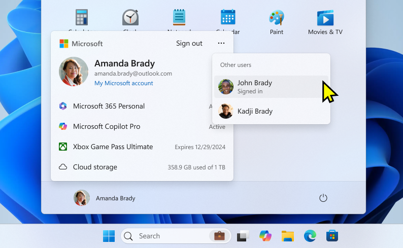 Screenshot of the switch account action in the Start menu.