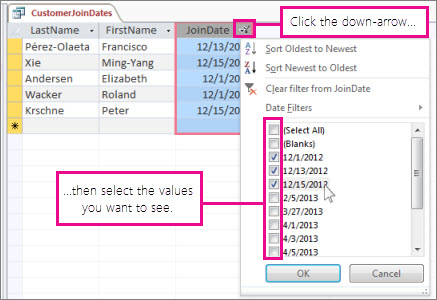 Filtering a query column in a desktop database.