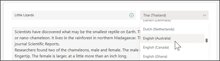 screenshot showing the dropdown to select a language