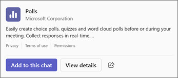 Screenshot showing how a shared app will appear in a chat, with the option to add the app to the chat.