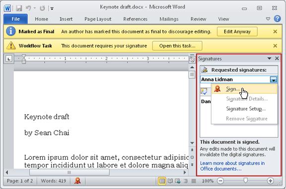 Item with Signatures pane open