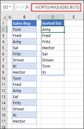 Using UNIQUE with SORT to return a list of names in ascending order