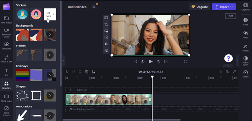A screenshot of a Clipchamp editor's page showing 'See more' option in Stickers group.