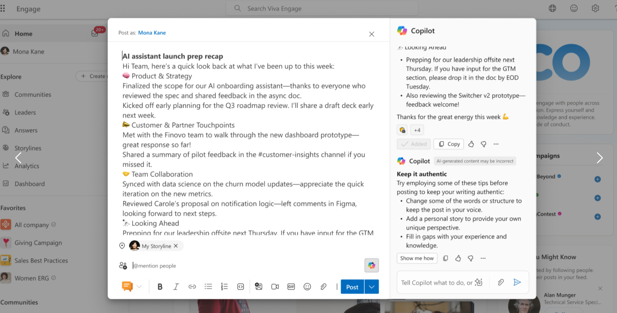 Viva Engage writing assistant using Copilot