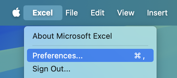 Mac menu bar showing Excel Preferences