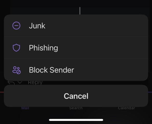 Junk Mail submenu for Outlook Mobile