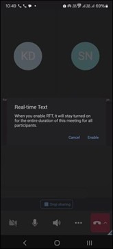 Teams meeting window with RTT panel at the bottom on the android device.