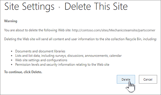 Click delete if you're sure you want to delete the subsite
