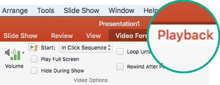 When a video is selected on a slide, a Playback tab appears on the toolbar ribbon that lets you set video playback options.