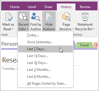 Screenshot of the Recent Edits button in OneNote 2016.