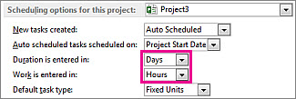Options dialog box, Scheduling options for this project area